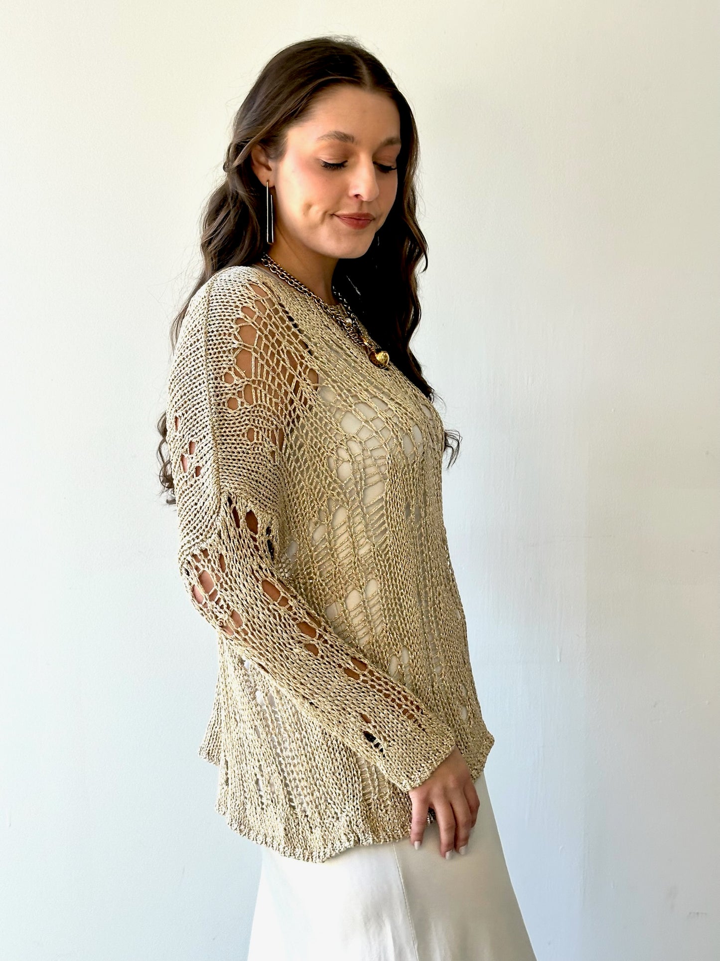 Metallic Crochet Tunic Sweater - Gold
