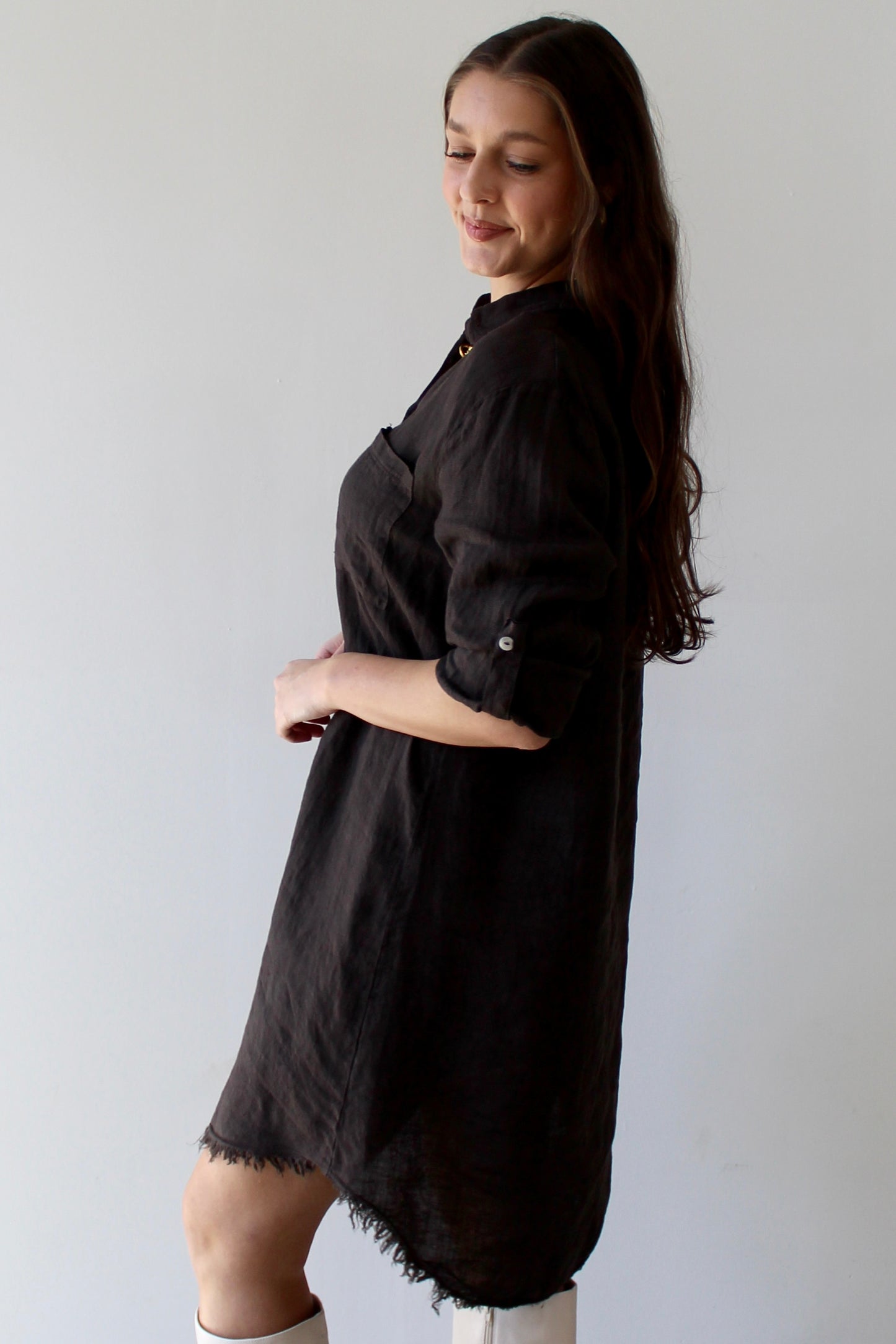 Linen Roll Tab Button Shirt Dress - Brown