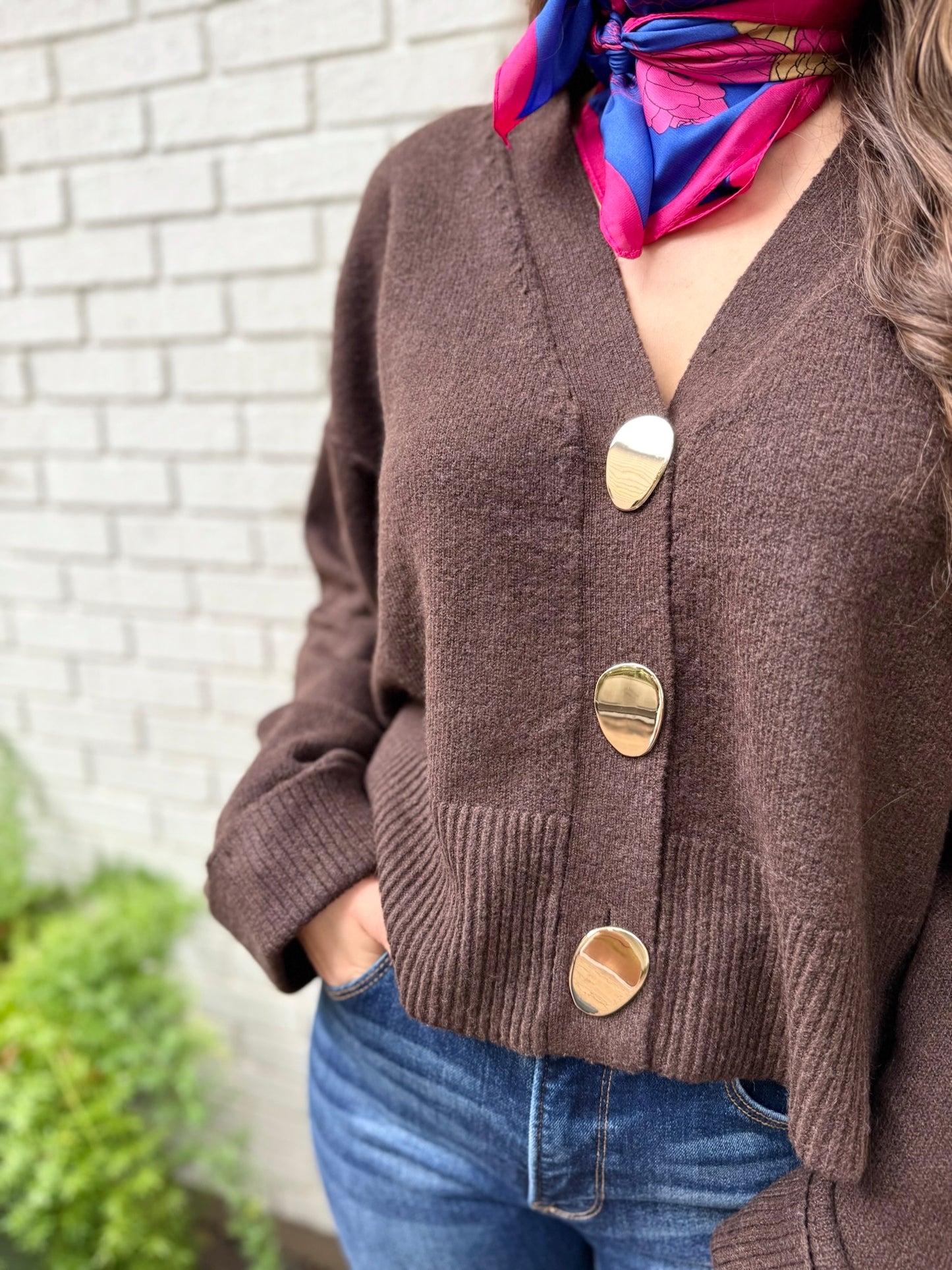 Accent Button Down Knit Cardigan - Brown