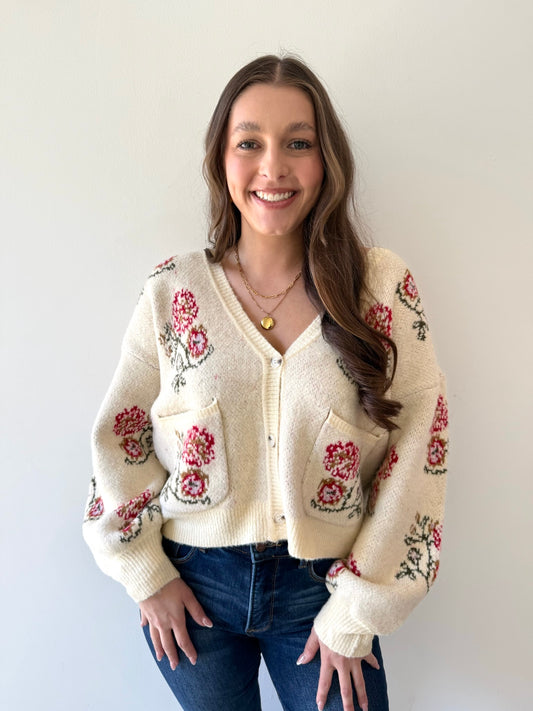Floral Intarsia Knit Cardigan