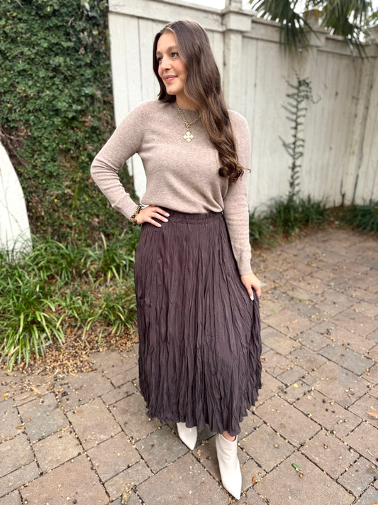 Elegant Crinkle Maxi Skirt - Dark Brown