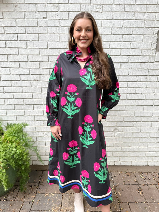 Ruffled High Neck Midi Dress - Black