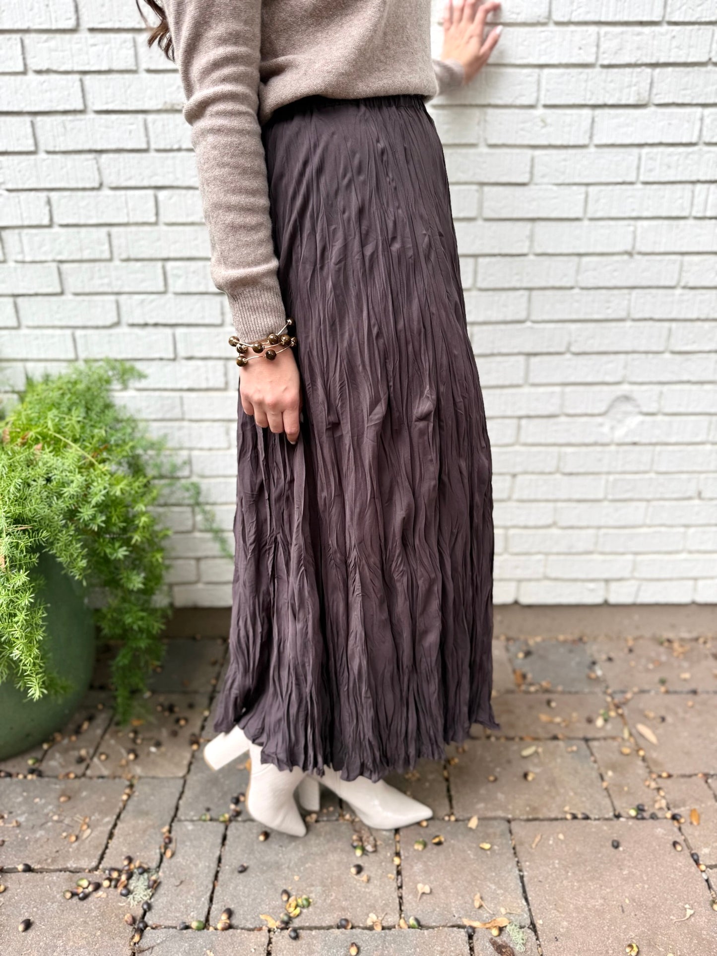 Elegant Crinkle Maxi Skirt - Dark Brown