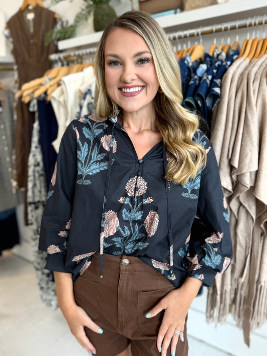 Hattie Floral Print Top - Navy