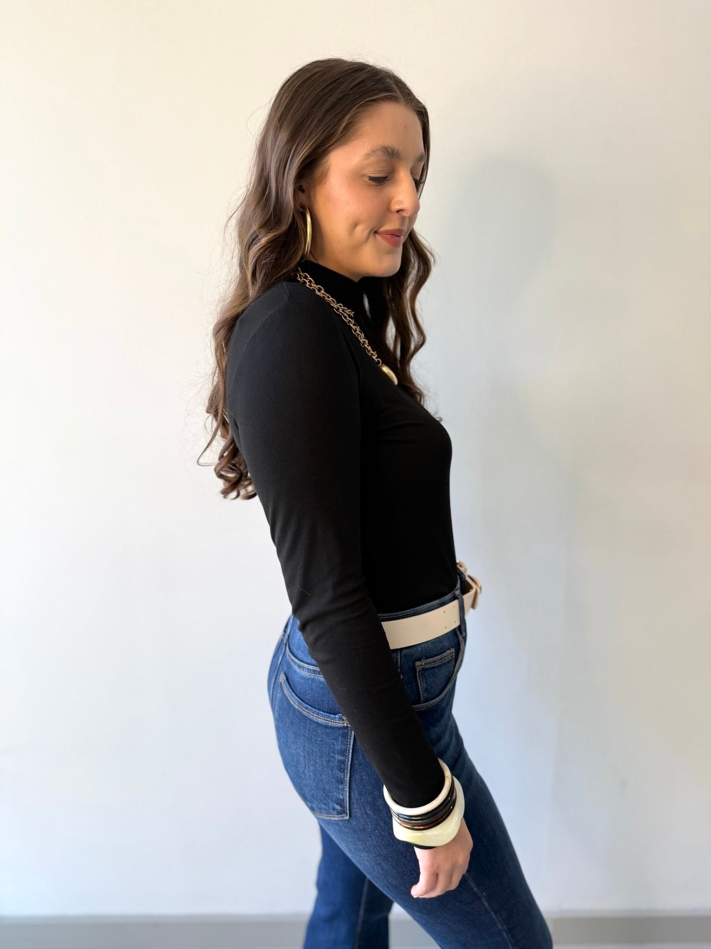 Rib Mock Neck Top - Black