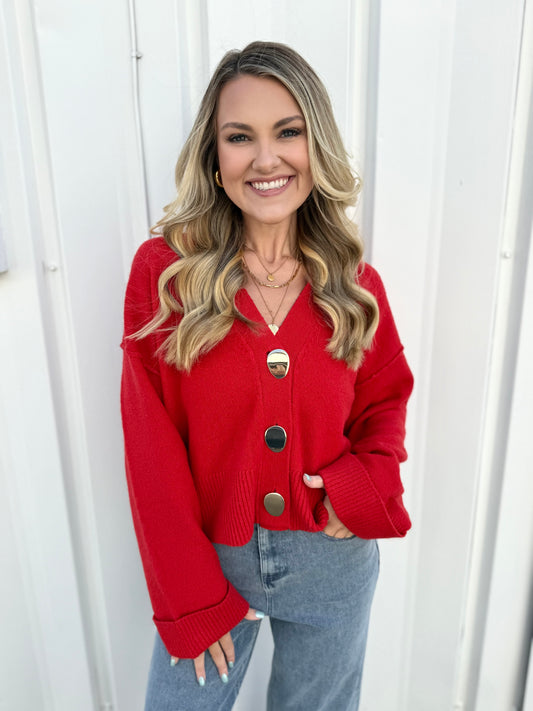 Accent Button Down Knit Cardigan - Red