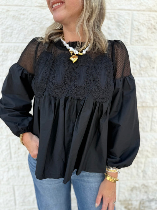 Lace Applique Long Sleeve Blouse - Black
