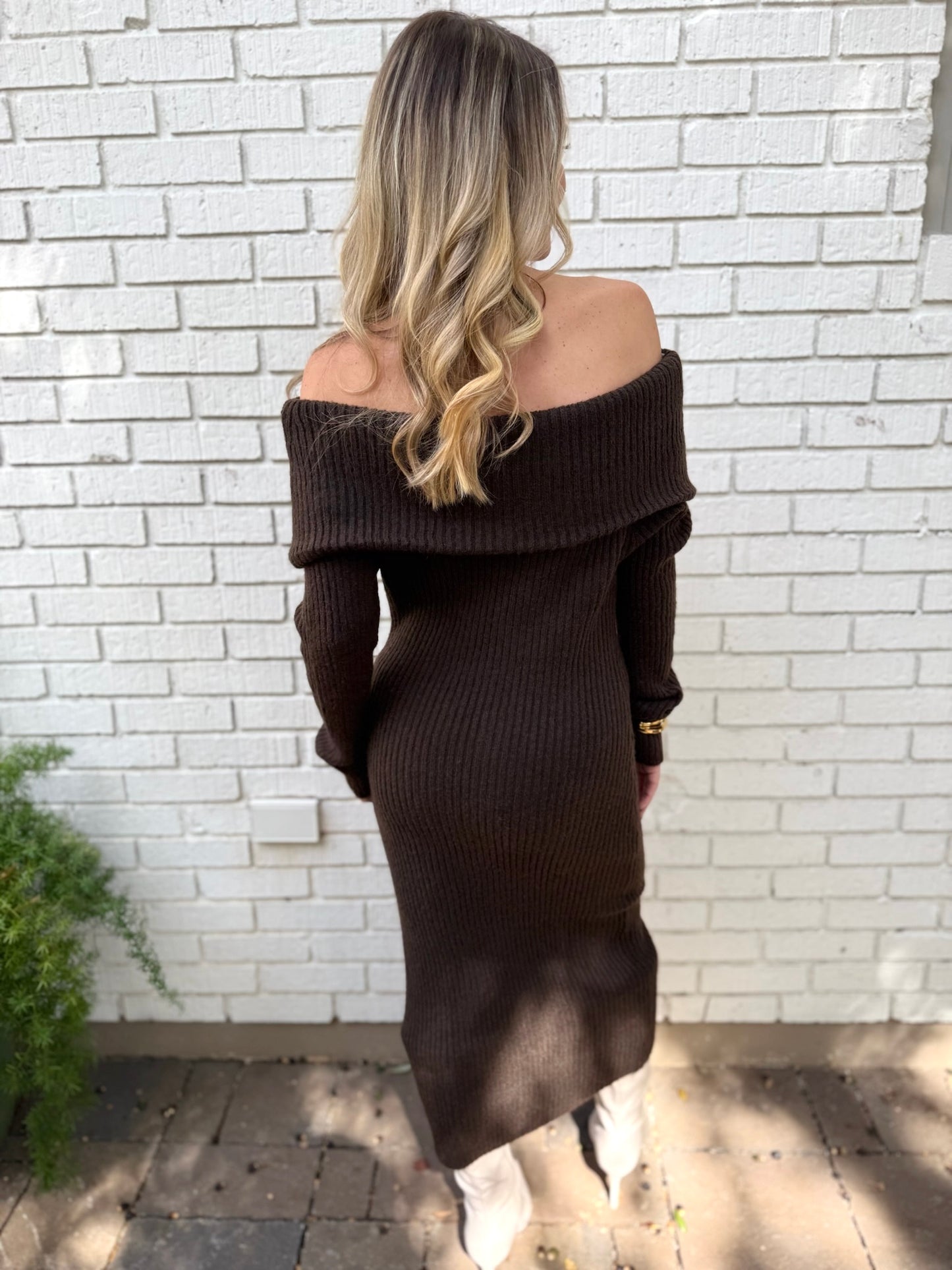Off-Shoulder Knit Midi Dress - Brown