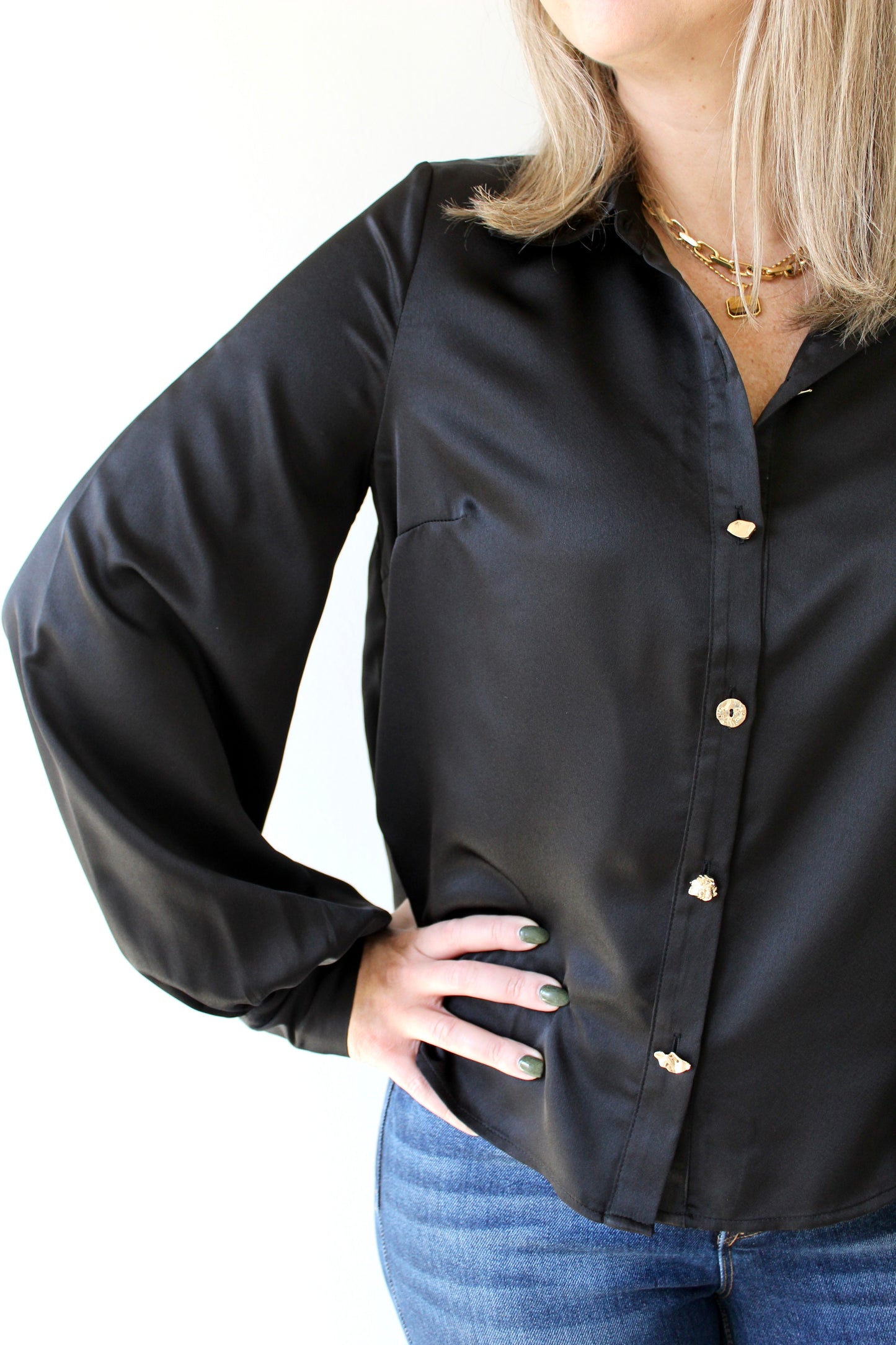 Gold Accent Satin Like Blouse