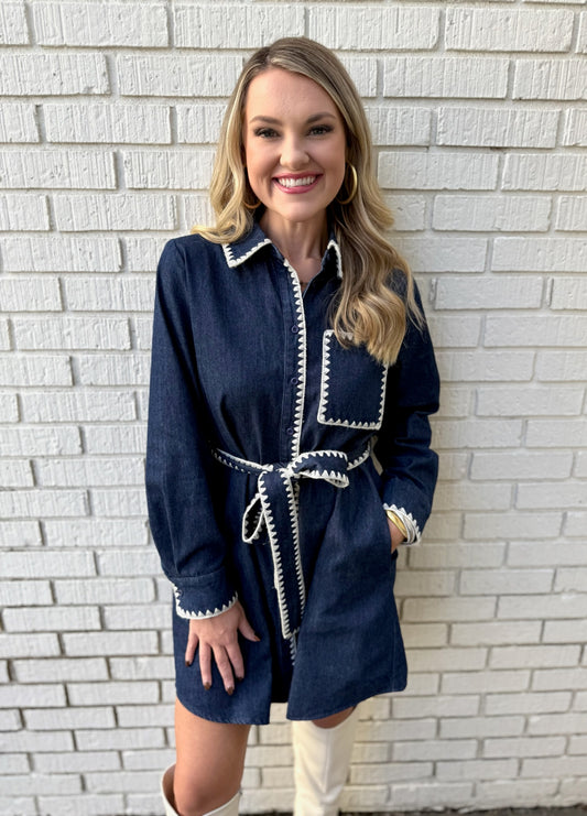 Tie Waist Collared Denim Dress
