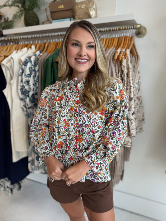 Diamond Floral print  pintuck top
