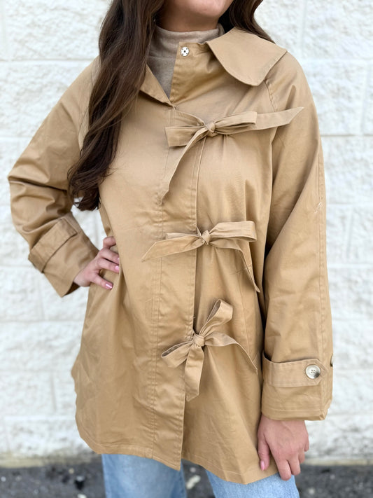 Asymmestric Bow Tie Collar Coat - Khaki