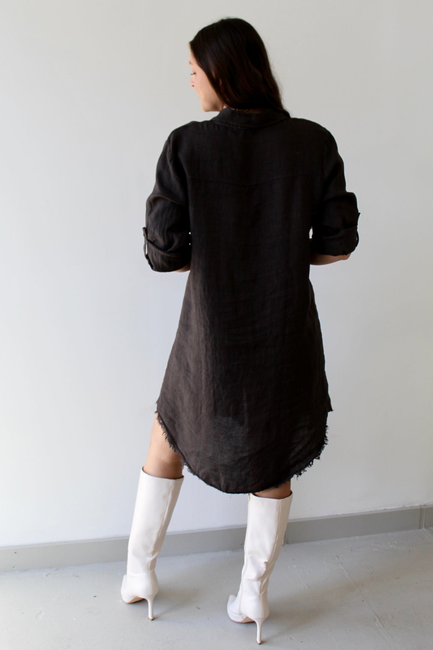 Linen Roll Tab Button Shirt Dress - Brown