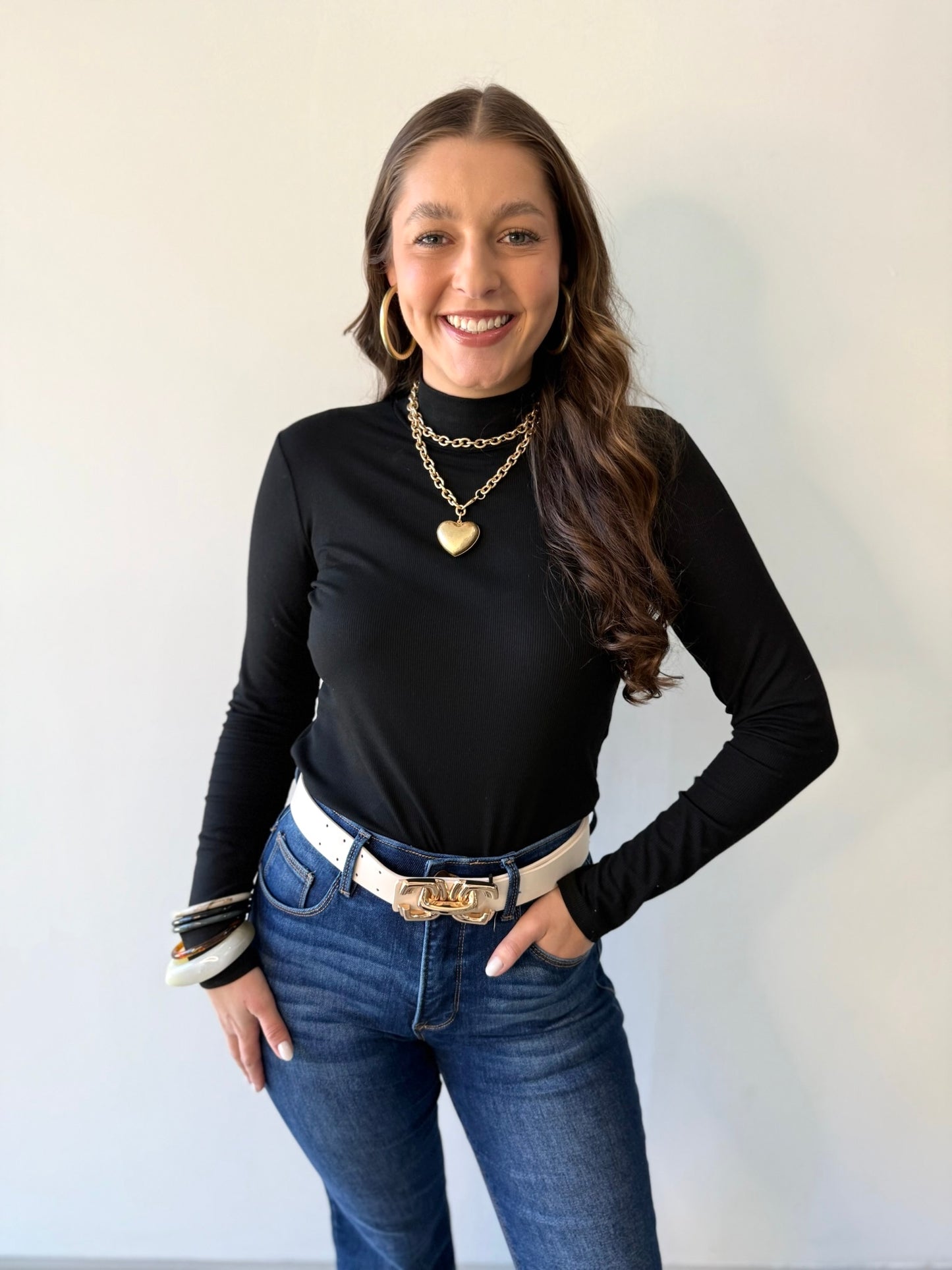 Rib Mock Neck Top - Black