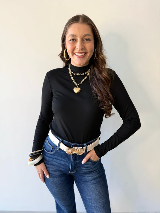 Rib Mock Neck Top - Black