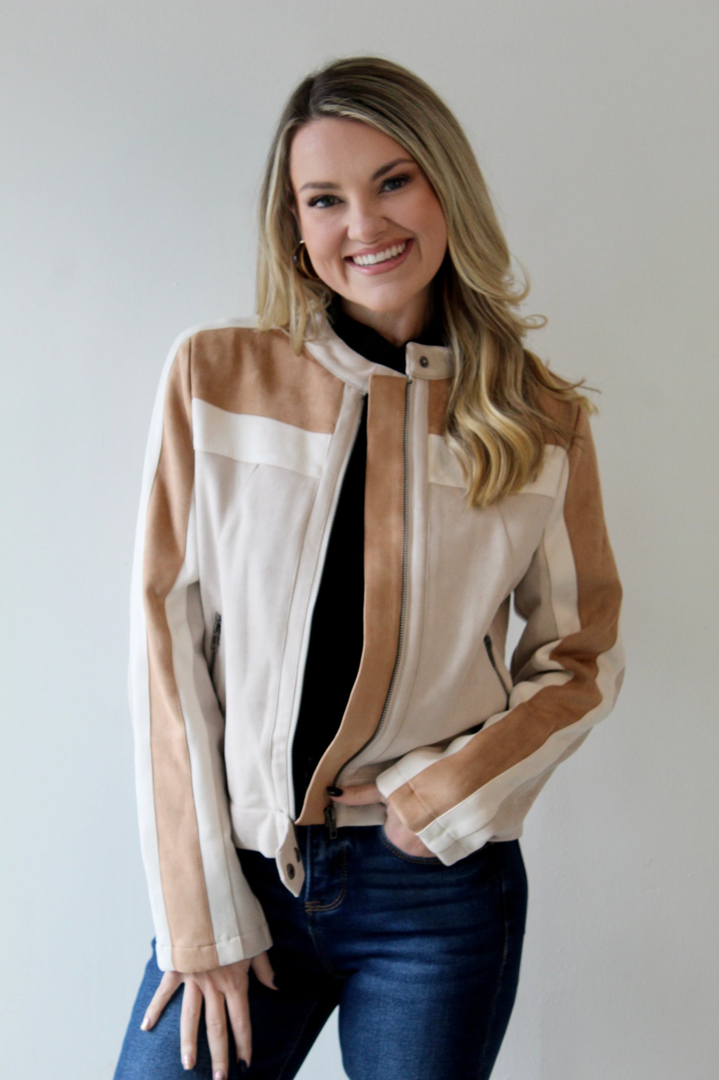 Color Block Moto Jacket - Oatmeal