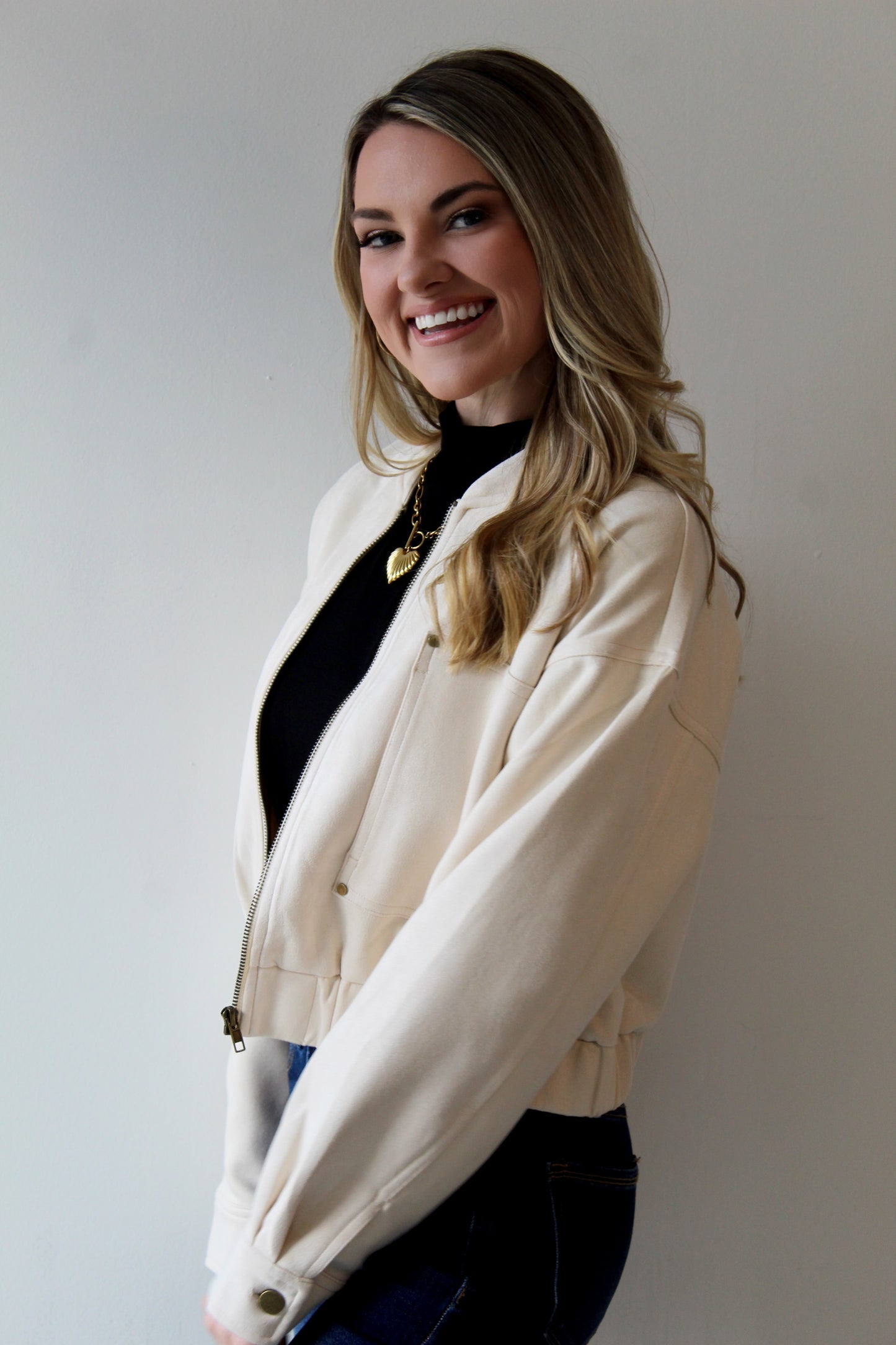 Ivory Suede Bomber Jacket
