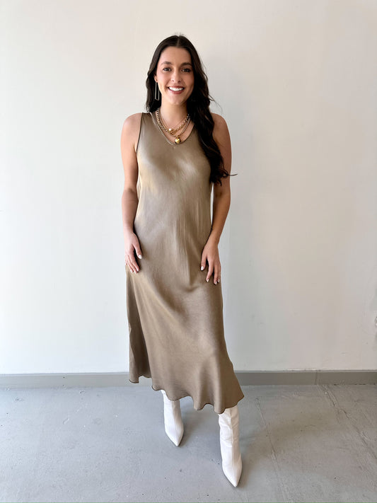 Silk V Neck Cut Maxi Dress - Camel