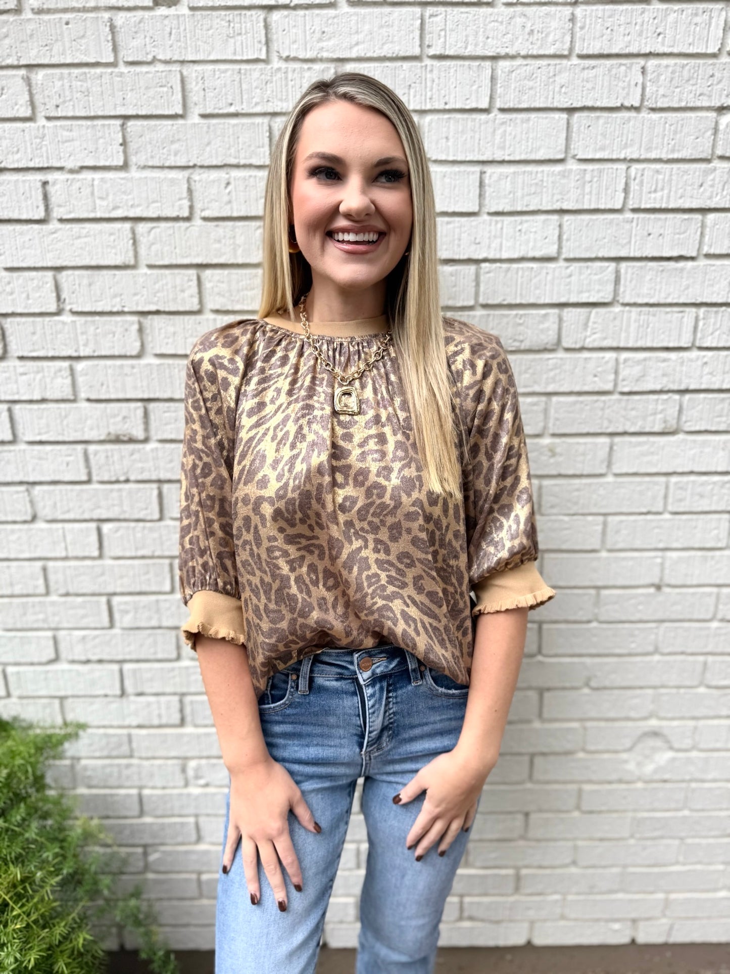 Raglan Metallic Animal Print Top
