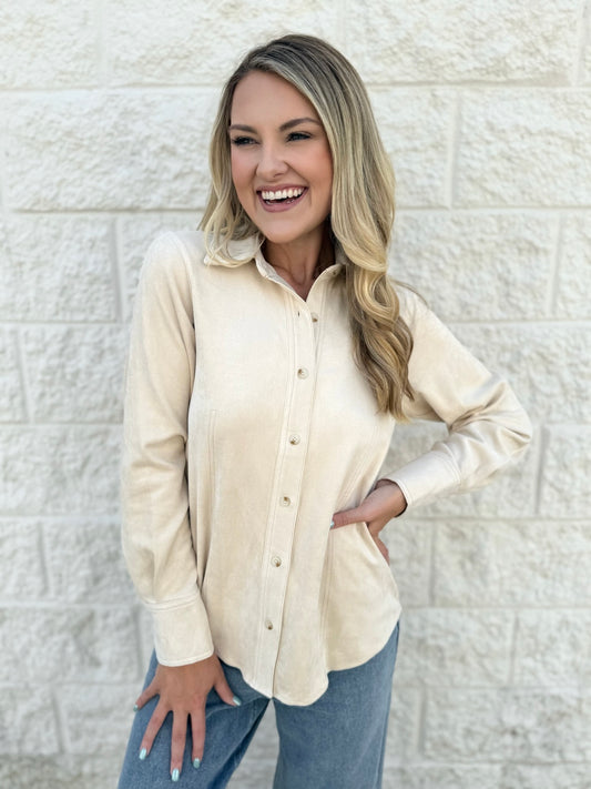 Stitch Detail Button Vegan Suede Shirt - Ecru