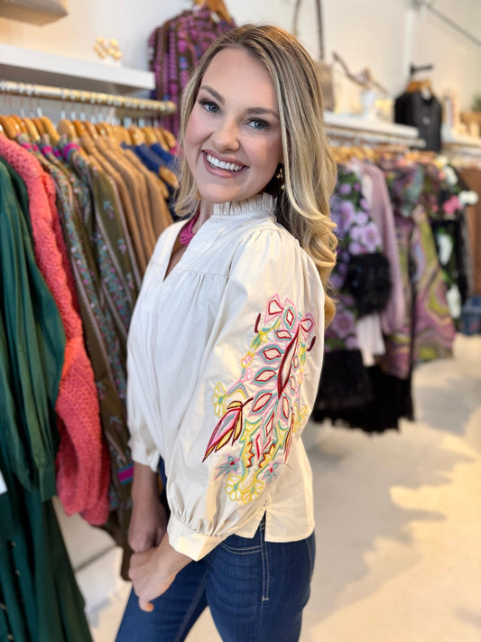 Embroidered Accent Solid Top - Cream