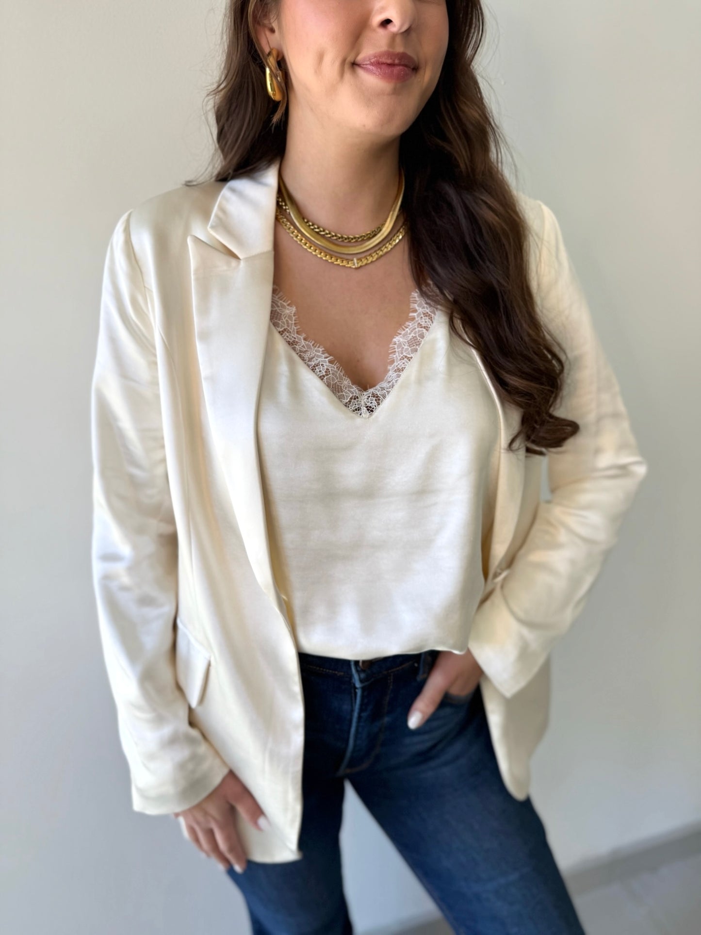 Evelyn Satin Blazer- Cream