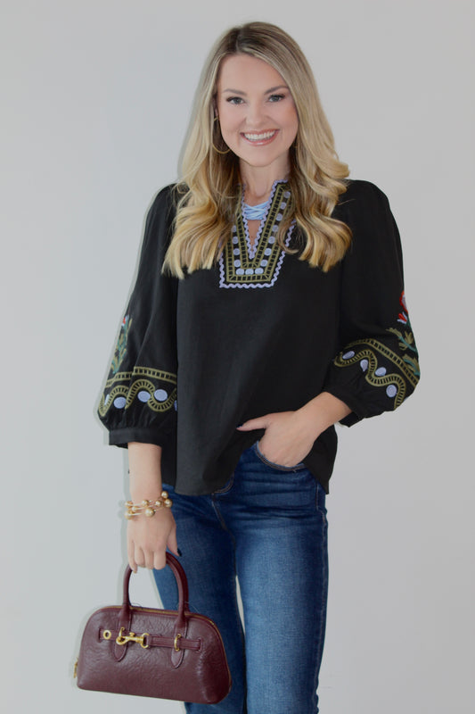 Frankie Embroidered Detail Top - Black