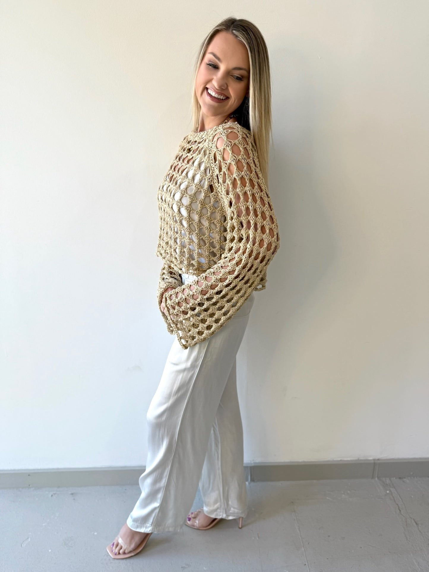 Crochet  Open Bell Sleeve Top  - Gold