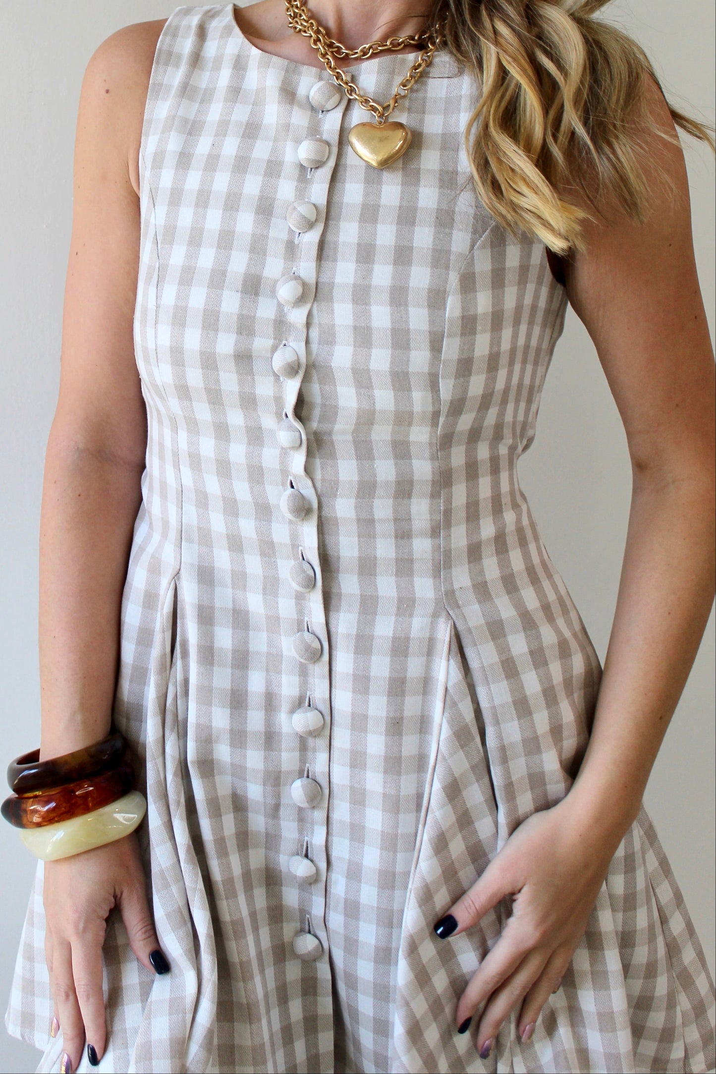 Gingham Mini Swing Dress - Beige