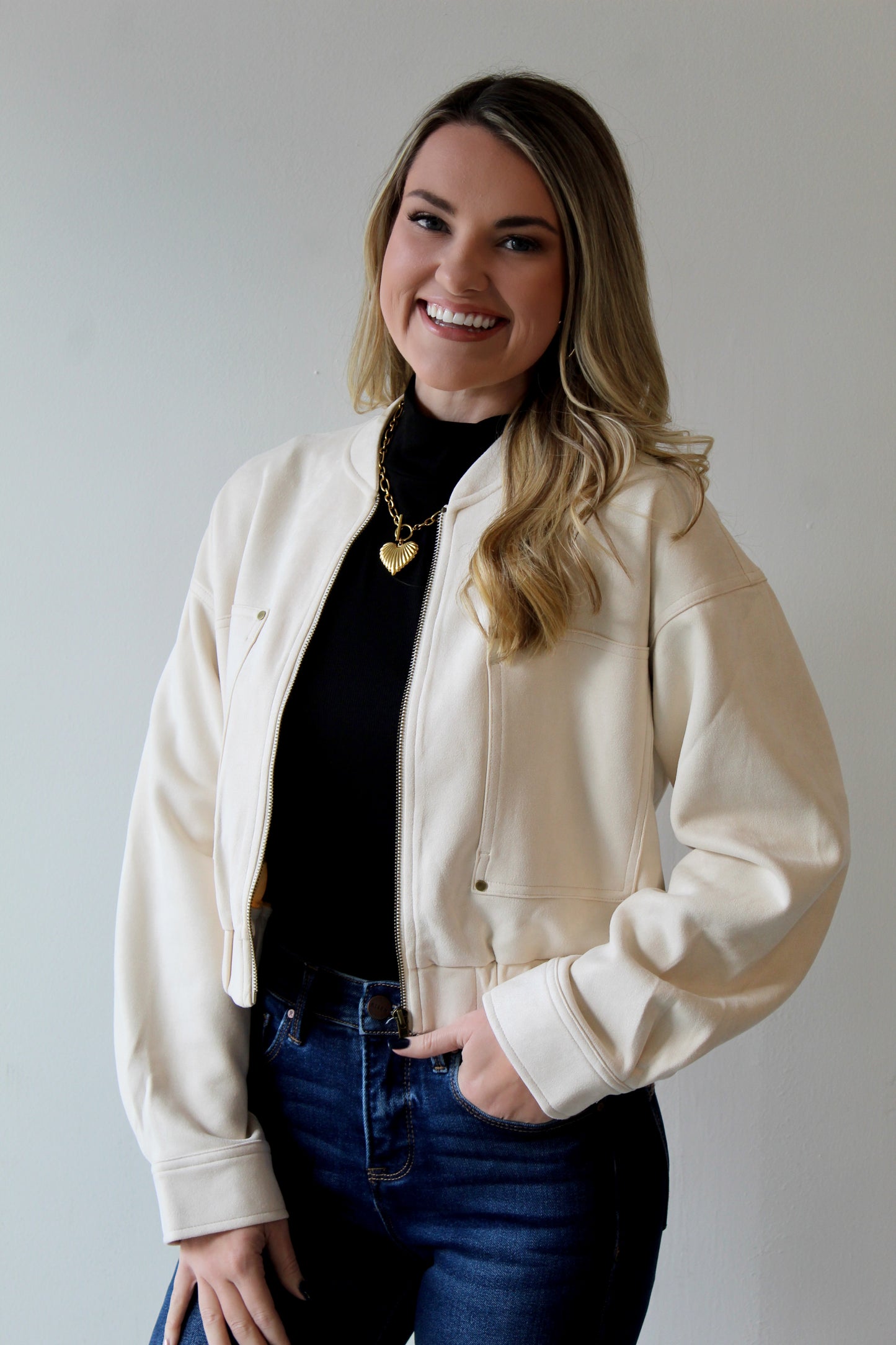 Ivory Suede Bomber Jacket