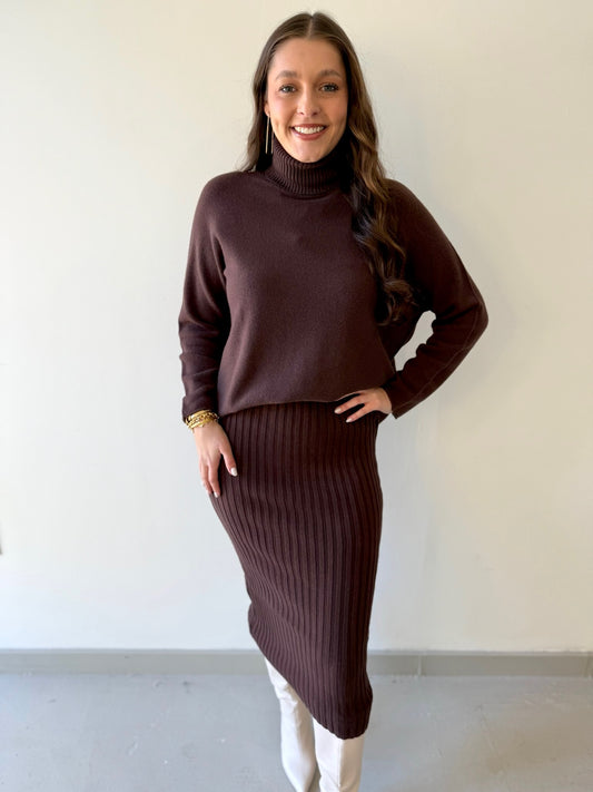 Italian Knit Turtleneck Top - Brown