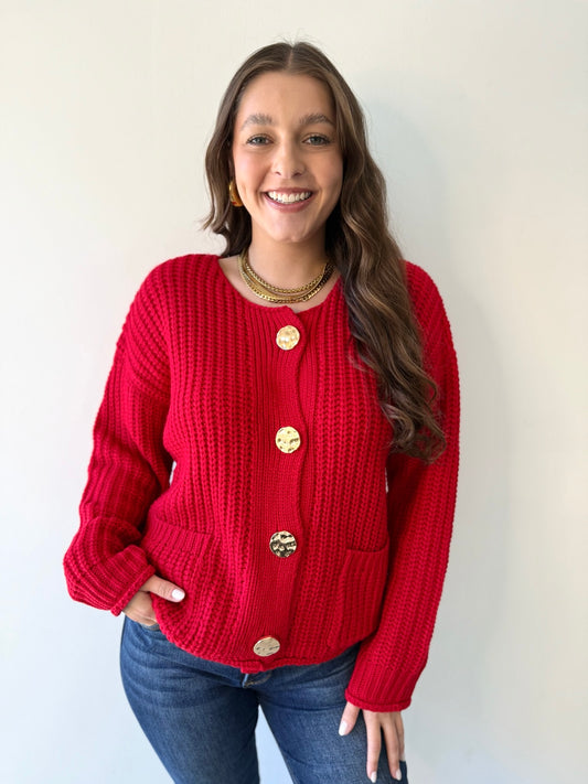 Chunky Button Cardigan - Red