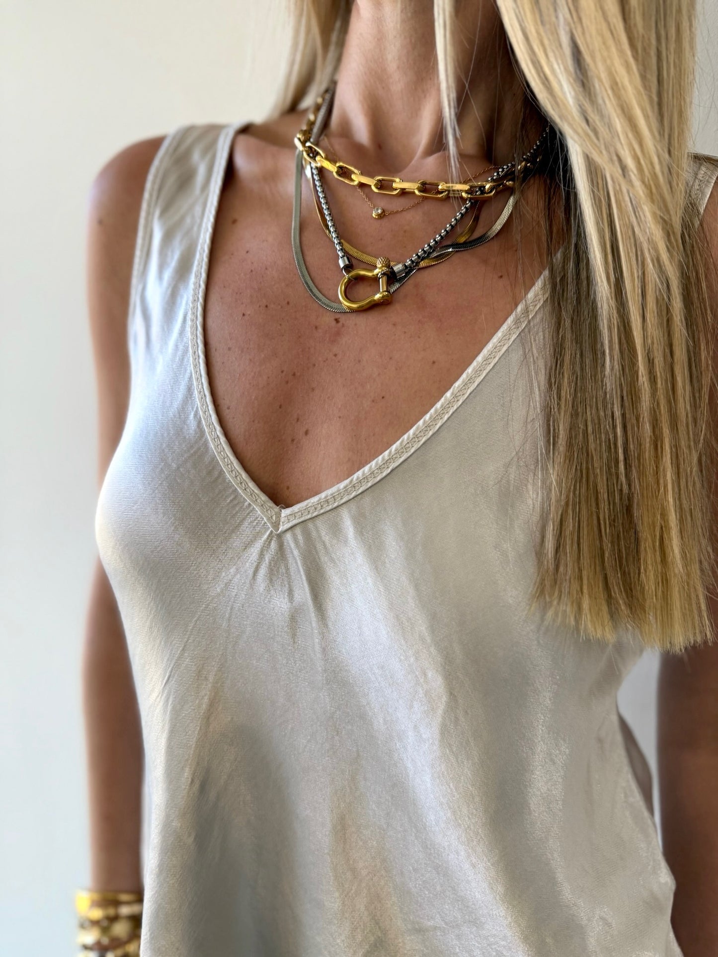 Italian V Neck Wide Strap Tank - Beige