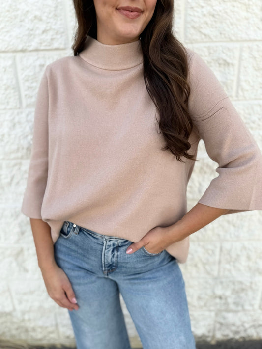 Mock Neck Bell Sleeve Sweater - Beige