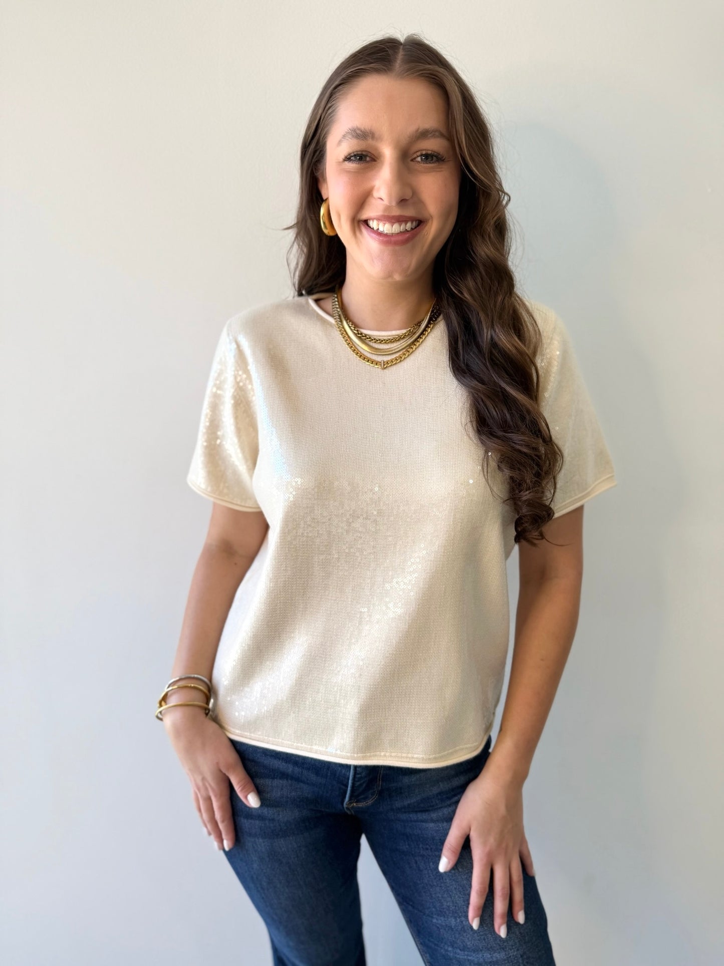 Tiny Sequins Knit Top - Cream