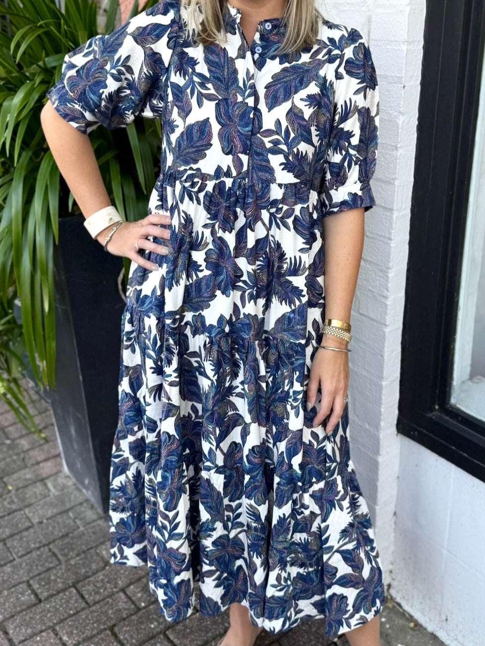Leaf Print Midi Dress - Navy