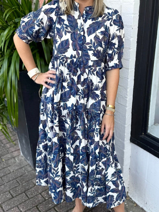 Leaf Print Midi Dress - Navy