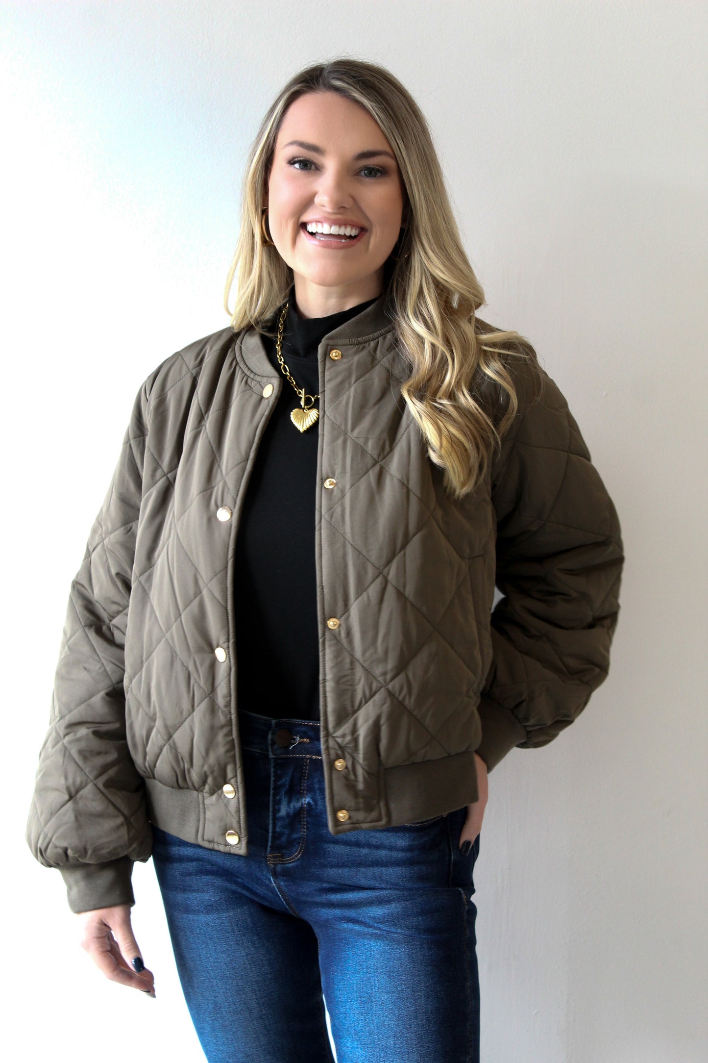 Olive Quilted Bomber Jacket