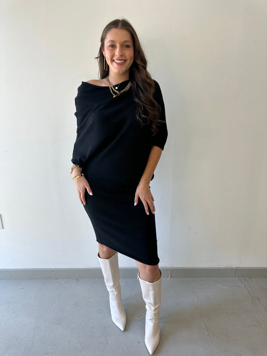 Asymmetrical Sweater Dress -Black