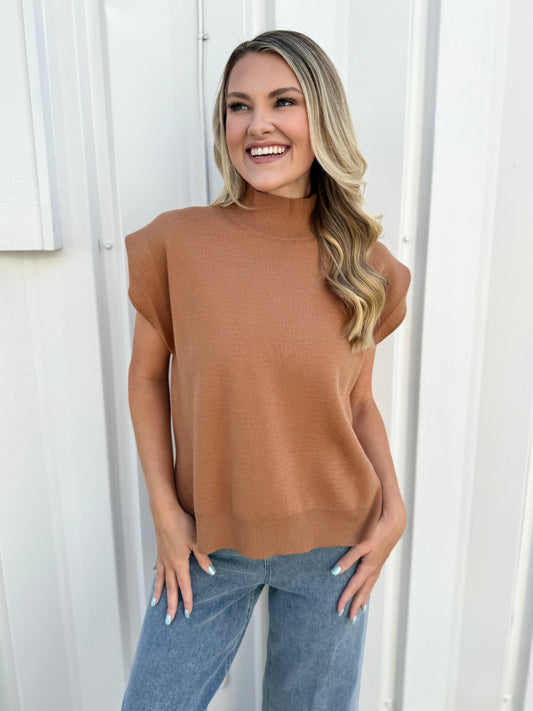 High Low Mock Neck Knit - Camel