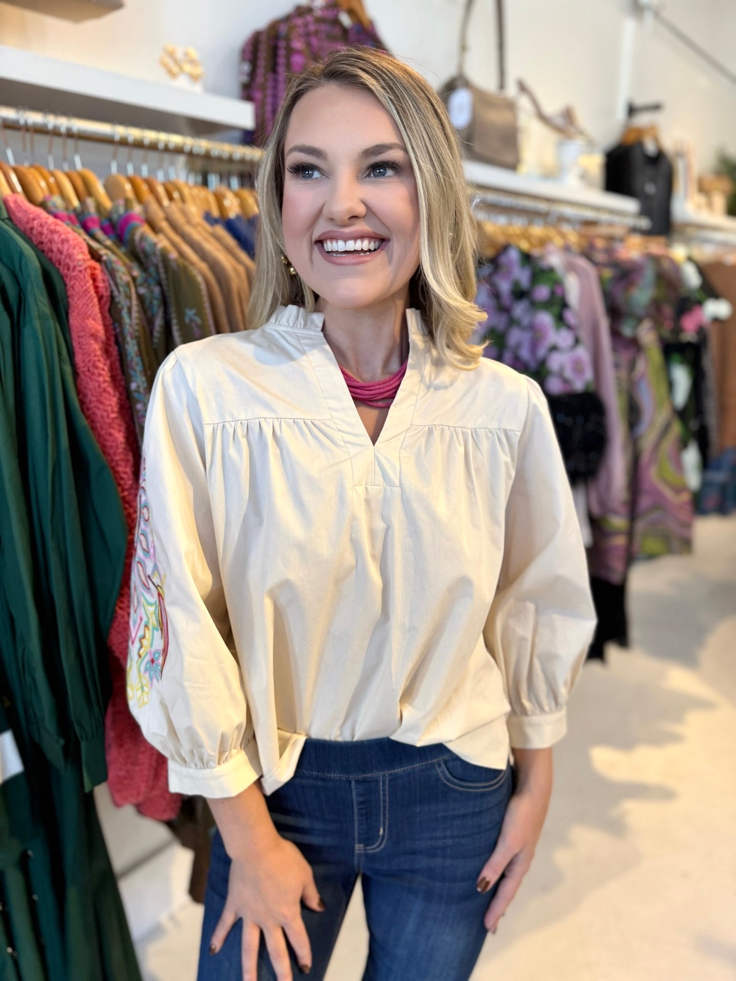 Embroidered Accent Solid Top - Cream
