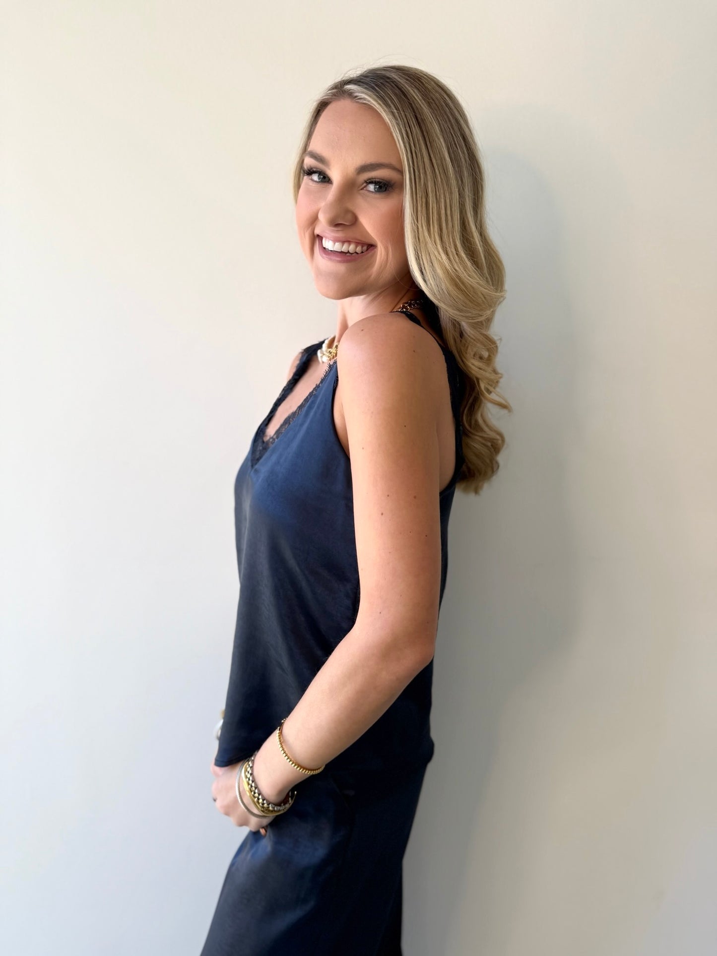 Satin Sheer Top - Navy