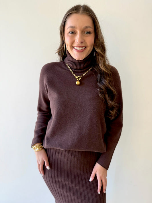 Italian Knit Turtleneck Top - Brown