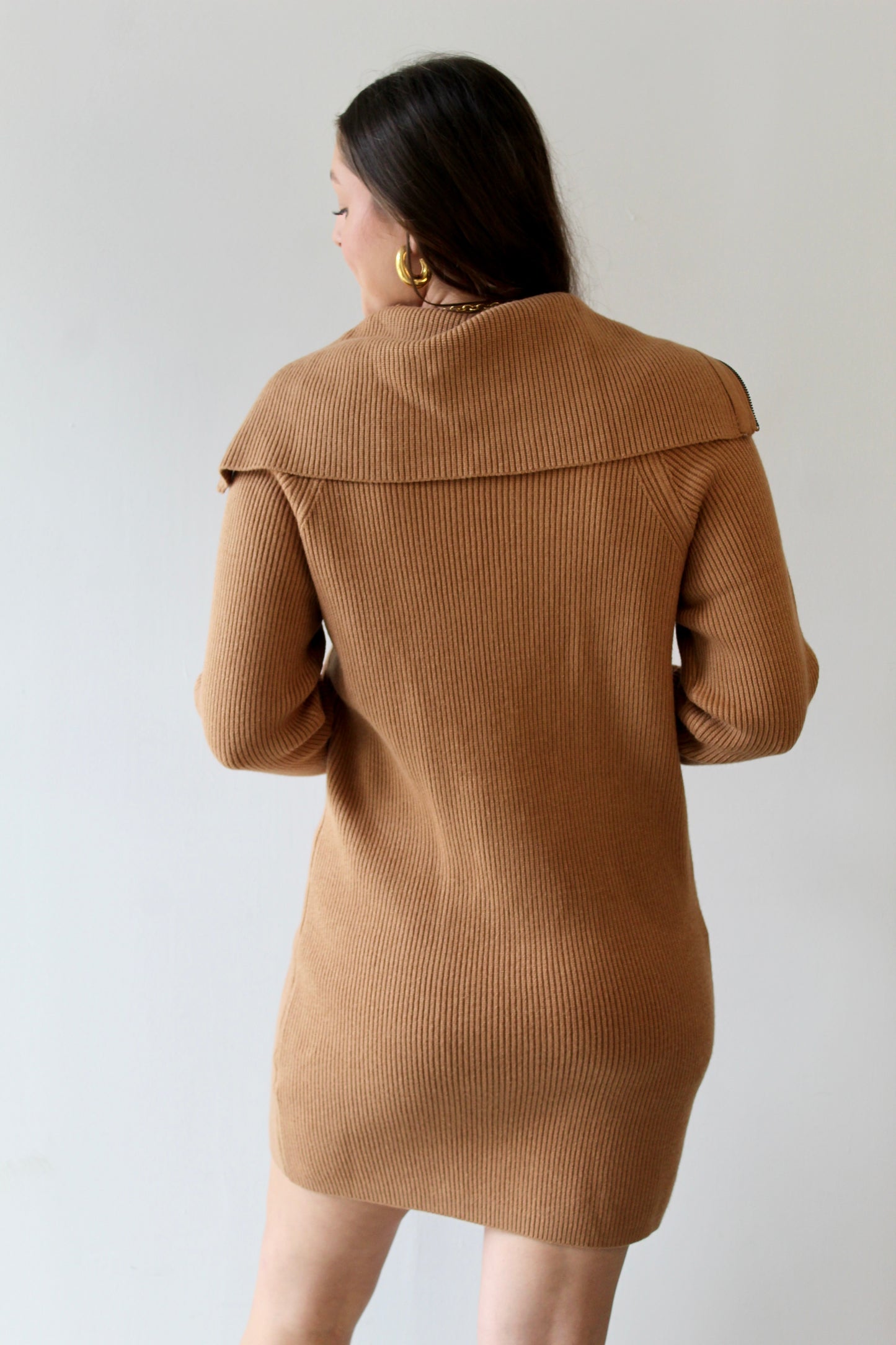 Zip-up Neck Midi Sweater Dress- Camel