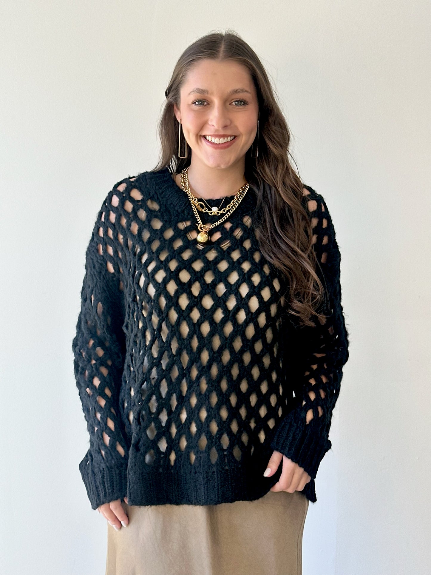 Open Knit Fuzzy Sweater - Black