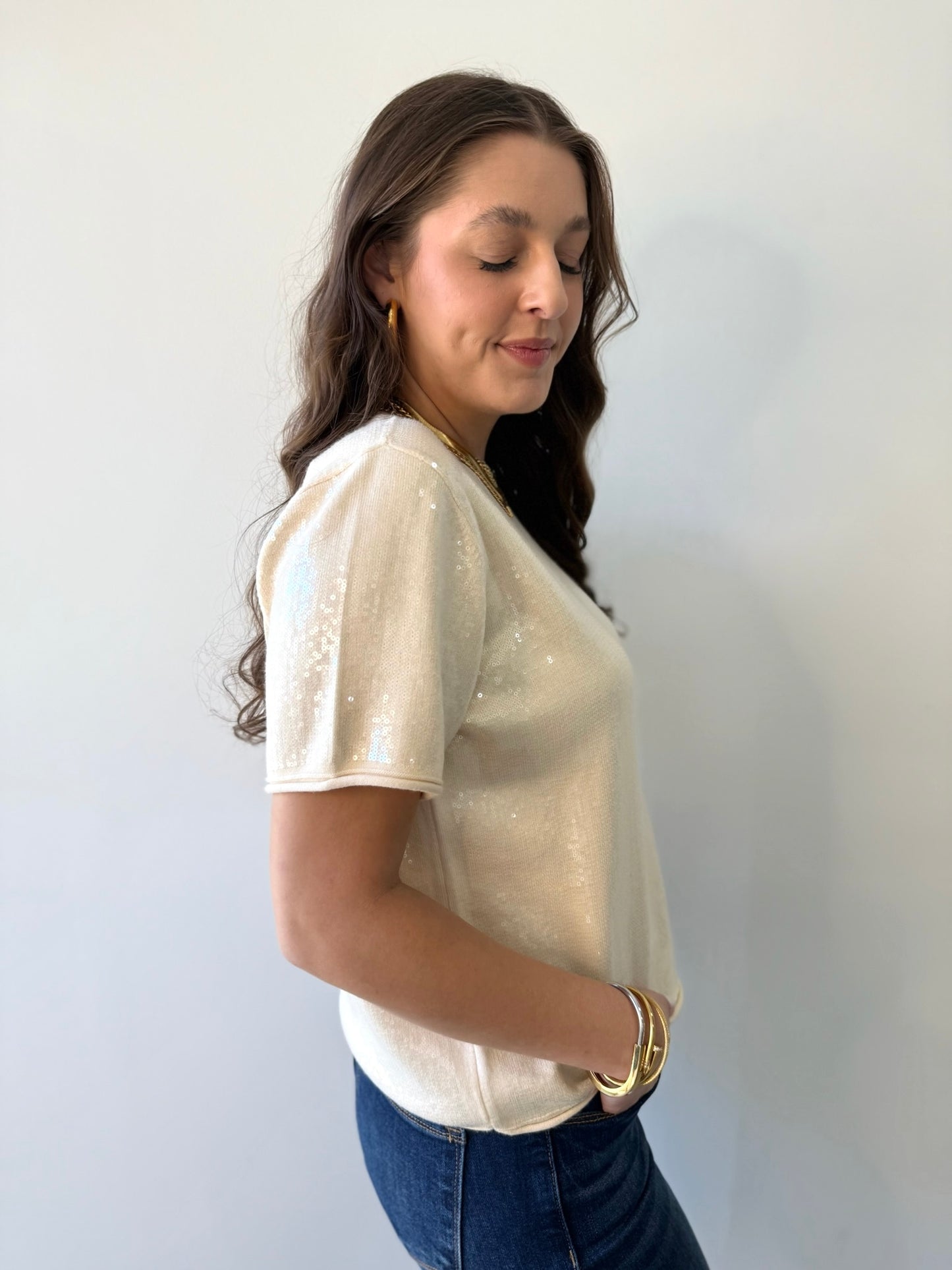 Tiny Sequins Knit Top - Cream