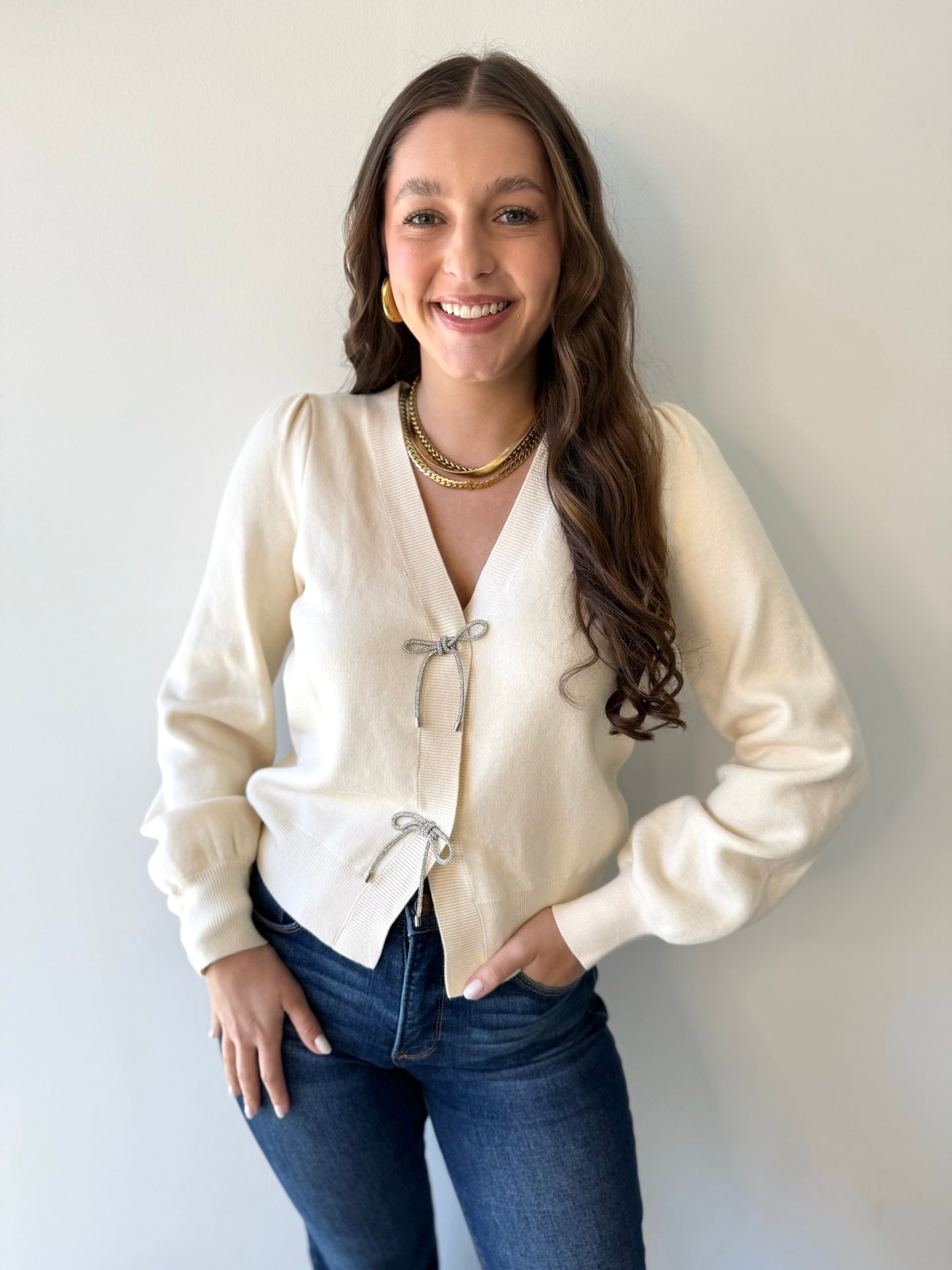 Delicate Ribbon Trim Knit Cardigan - Cream