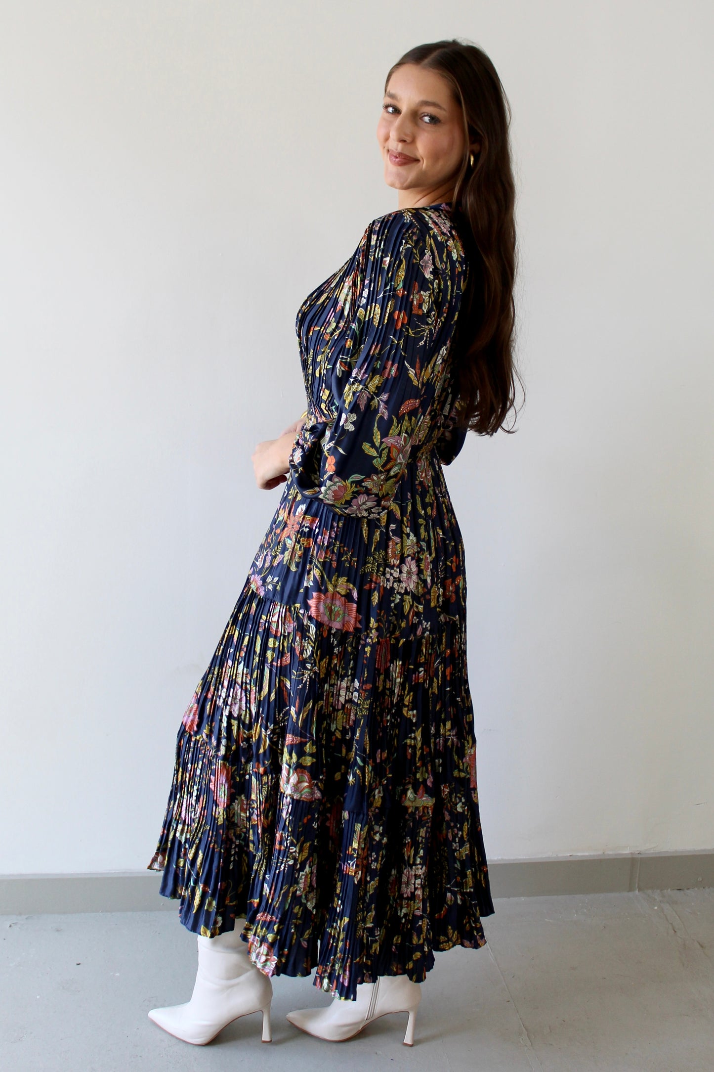 Floral Printed Pleated Long Dress