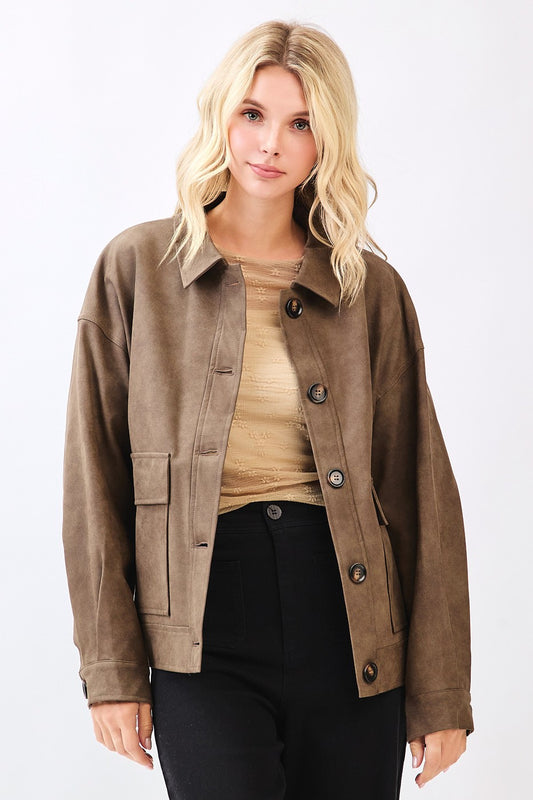 Espresso Vegan Leather Shirt Jacket