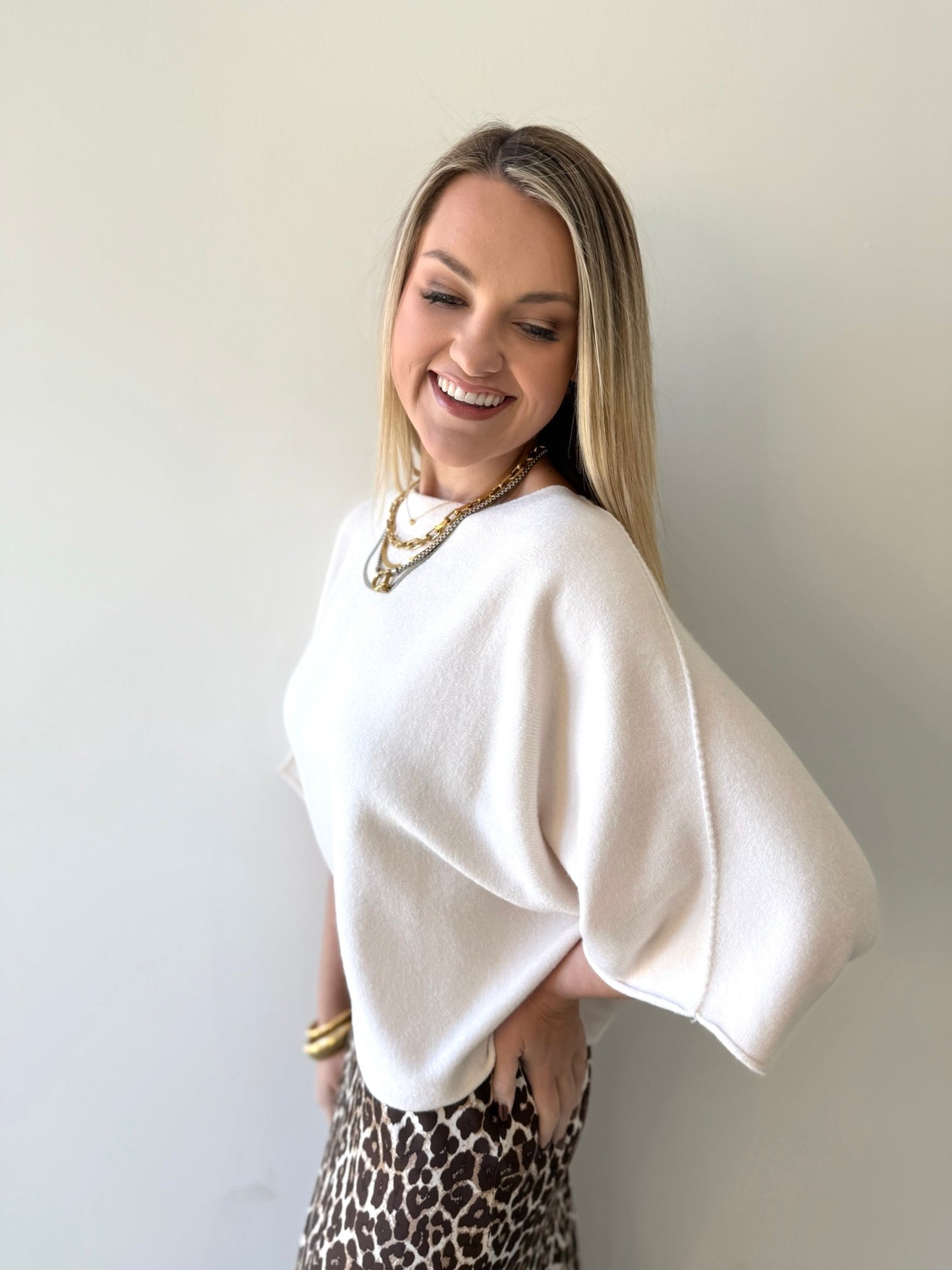 Crew Neck Batwing Top - Ivory